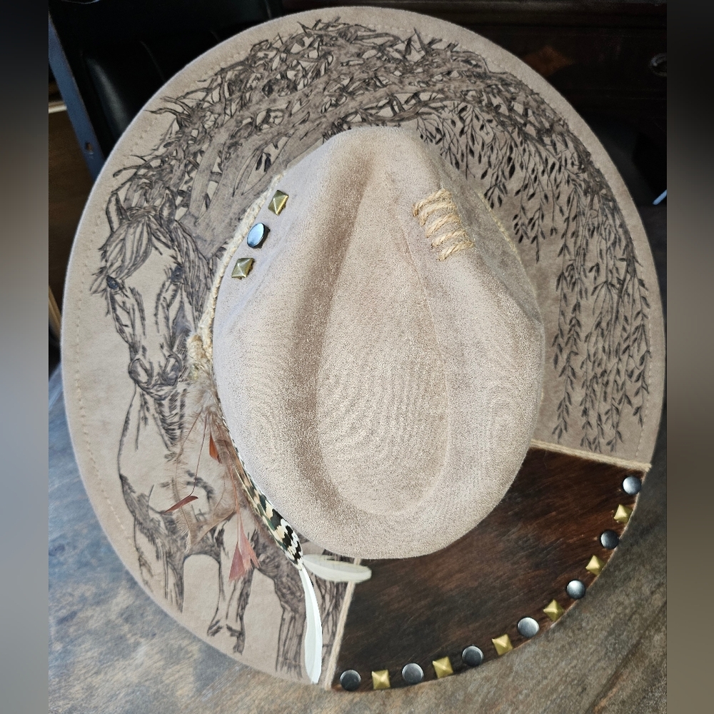 NWT Taupe Fedora Hat hand burned with a horse under a weeping willow